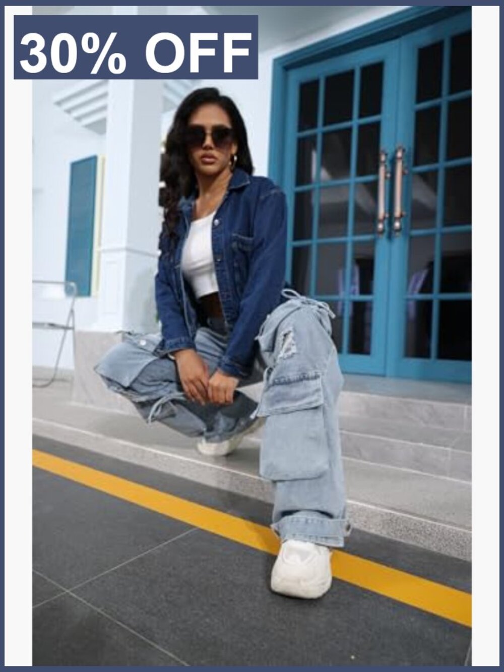 Y2K Baggy Cargo Jeans High Waist Wide Leg Streetwear Pants with Pockets - Picture 3 of 7